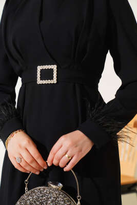 Bilek Tüylü Kemerli Elbise Siyah - Tesettür Elbise