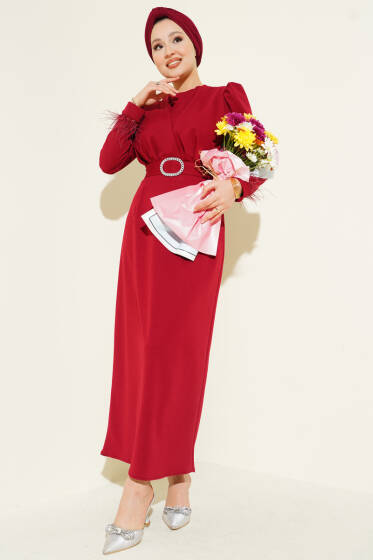 Bilek Tüylü Kuşaklı Abiye Elbise Bordo - Elbise