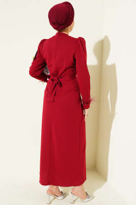 Bilek Tüylü Kuşaklı Abiye Elbise Bordo - Elbise