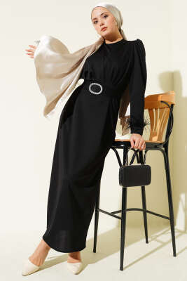 Bilek Tüylü Kuşaklı Abiye Elbise Siyah 