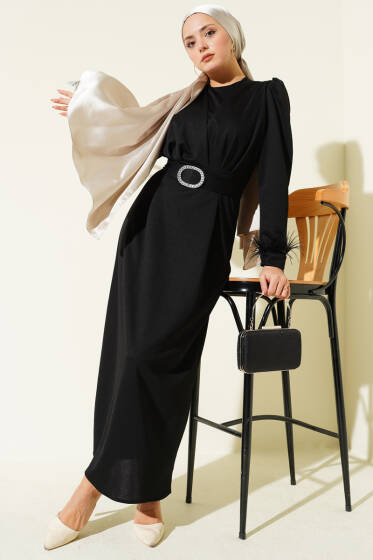 Bilek Tüylü Kuşaklı Abiye Elbise Siyah - Elbise