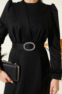 Bilek Tüylü Kuşaklı Abiye Elbise Siyah - Elbise