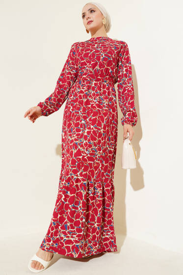 Bilek ve Bel Lastikli Bürümcük Elbise Bordo - Elbise