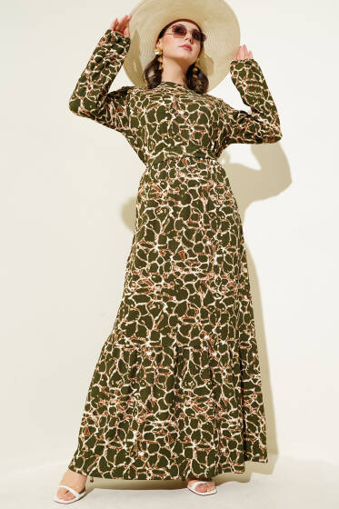 Bilek ve Bel Lastikli Bürümcük Elbise Haki - Elbise