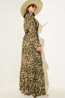 Bilek ve Bel Lastikli Bürümcük Elbise Haki - Tesettür Elbise