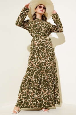 Bilek ve Bel Lastikli Bürümcük Elbise Haki 