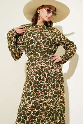 Bilek ve Bel Lastikli Bürümcük Elbise Haki - Tesettür Elbise