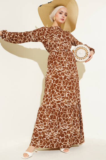 Bilek ve Bel Lastikli Bürümcük Elbise Kahve - Elbise