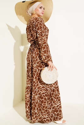 Bilek ve Bel Lastikli Bürümcük Elbise Kahve - Tesettür Elbise