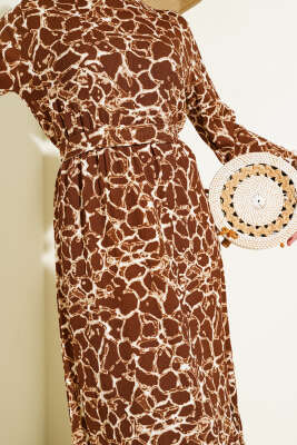 Bilek ve Bel Lastikli Bürümcük Elbise Kahve - Tesettür Elbise