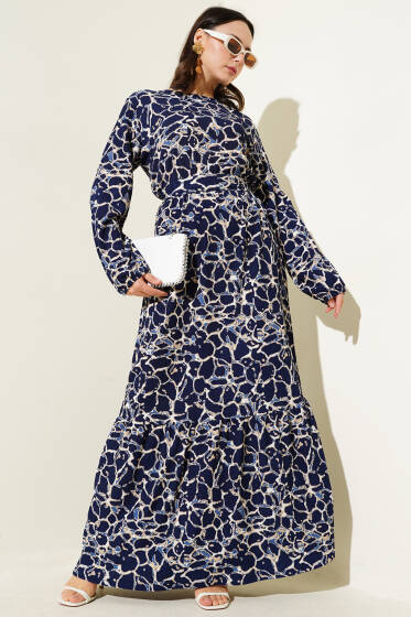 Bilek ve Bel Lastikli Bürümcük Elbise Lacivert - Elbise