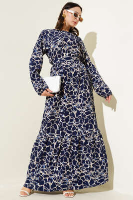 Bilek ve Bel Lastikli Bürümcük Elbise Lacivert 