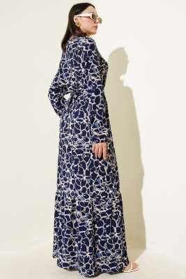 Bilek ve Bel Lastikli Bürümcük Elbise Lacivert - Tesettür Elbise