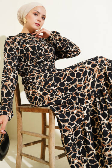 Bilek ve Bel Lastikli Bürümcük Elbise Siyah - Elbise