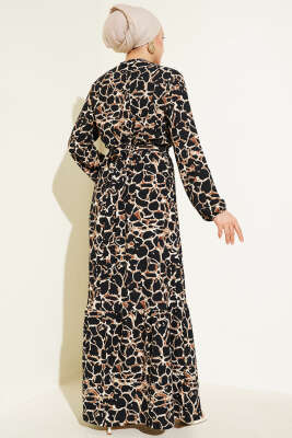 Bilek ve Bel Lastikli Bürümcük Elbise Siyah - Tesettür Elbise