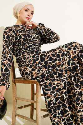 Bilek ve Bel Lastikli Bürümcük Elbise Siyah - Tesettür Elbise