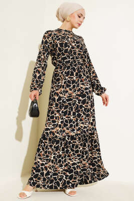 Bilek ve Bel Lastikli Bürümcük Elbise Siyah - Tesettür Elbise