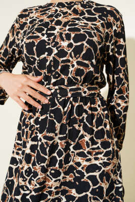 Bilek ve Bel Lastikli Bürümcük Elbise Siyah - Tesettür Elbise