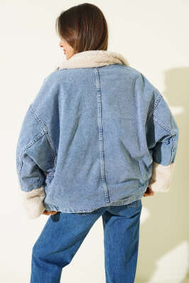 Bilek Yaka Kürklü Kot Mont Kot Mavisi - Kadın Giyim Modelleri