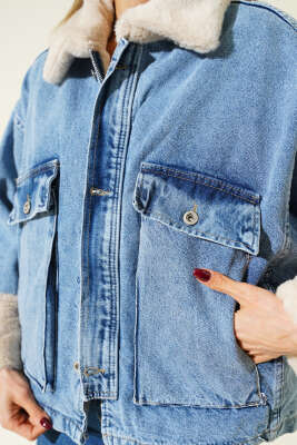 Bilek Yaka Kürklü Kot Mont Kot Mavisi - Kadın Giyim Modelleri