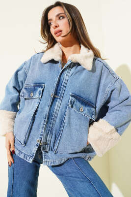 Bilek Yaka Kürklü Kot Mont Kot Mavisi - HELLIE