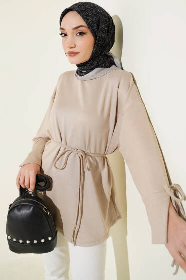 Bilek Yırtmaçlı İpli Loyşa Tunik Bej - Tunik
