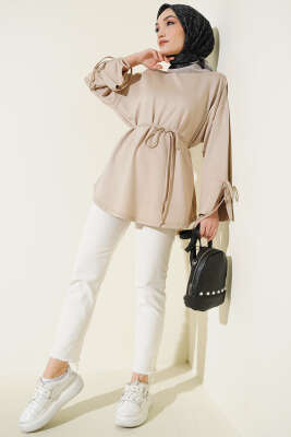 Bilek Yırtmaçlı İpli Loyşa Tunik Bej - Tunik