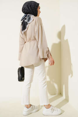 Bilek Yırtmaçlı İpli Loyşa Tunik Bej - Tunik