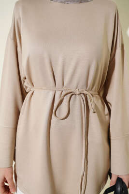 Bilek Yırtmaçlı İpli Loyşa Tunik Bej - Tunik