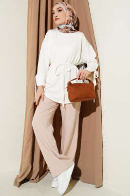 Bilek Yırtmaçlı İpli Loyşa Tunik Ekru - Tunik