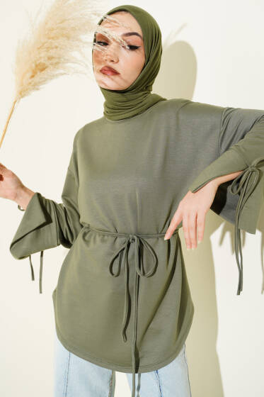 Bilek Yırtmaçlı İpli Loyşa Tunik Haki - Tunik