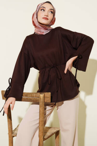 Bilek Yırtmaçlı İpli Loyşa Tunik Kahve - Tunik