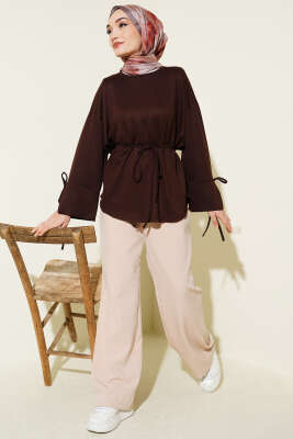 Bilek Yırtmaçlı İpli Loyşa Tunik Kahve - Tunik