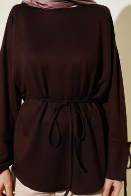 Bilek Yırtmaçlı İpli Loyşa Tunik Kahve - Tunik