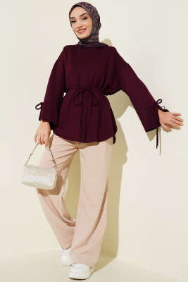 Bilek Yırtmaçlı İpli Loyşa Tunik Mürdüm - Tunik