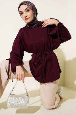 Bilek Yırtmaçlı İpli Loyşa Tunik Mürdüm - ELFİDA TEKSTİL