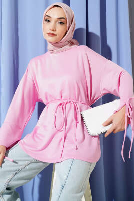 Bilek Yırtmaçlı İpli Loyşa Tunik Pembe - ELFİDA TEKSTİL