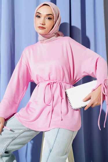 Bilek Yırtmaçlı İpli Loyşa Tunik Pembe - Tunik