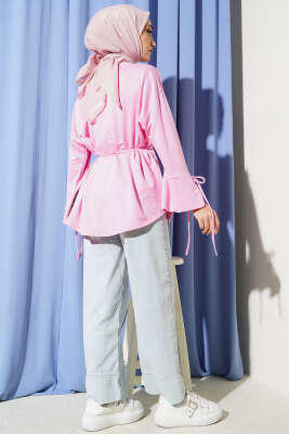 Bilek Yırtmaçlı İpli Loyşa Tunik Pembe - Tunik