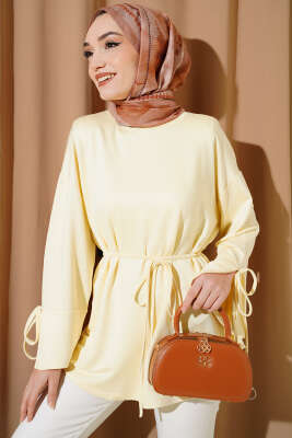 Bilek Yırtmaçlı İpli Loyşa Tunik Sarı - ELFİDA TEKSTİL