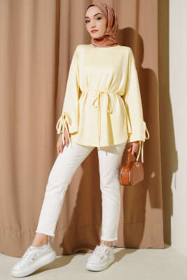 Bilek Yırtmaçlı İpli Loyşa Tunik Sarı - Tunik