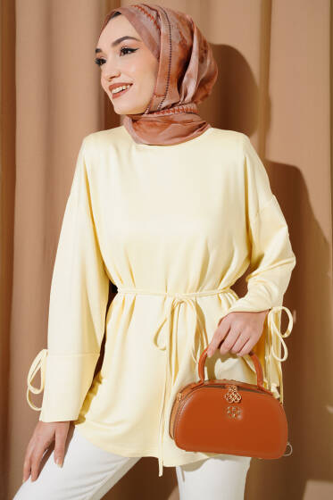 Bilek Yırtmaçlı İpli Loyşa Tunik Sarı - Yılın Fırsatı