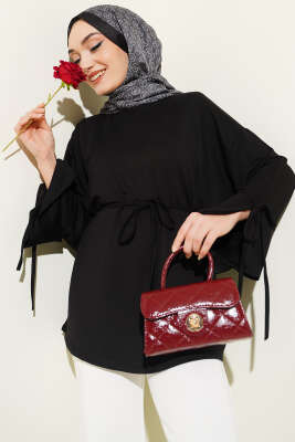 Bilek Yırtmaçlı İpli Loyşa Tunik Siyah - ELFİDA TEKSTİL