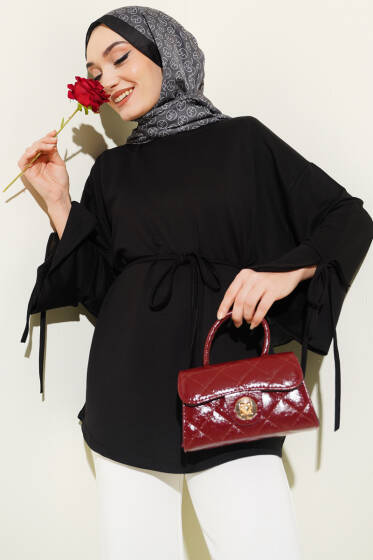 Bilek Yırtmaçlı İpli Loyşa Tunik Siyah - Tunik