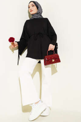 Bilek Yırtmaçlı İpli Loyşa Tunik Siyah - Tunik