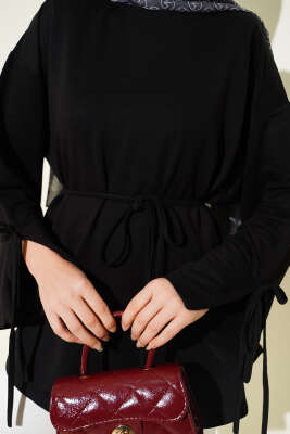 Bilek Yırtmaçlı İpli Loyşa Tunik Siyah - Tunik