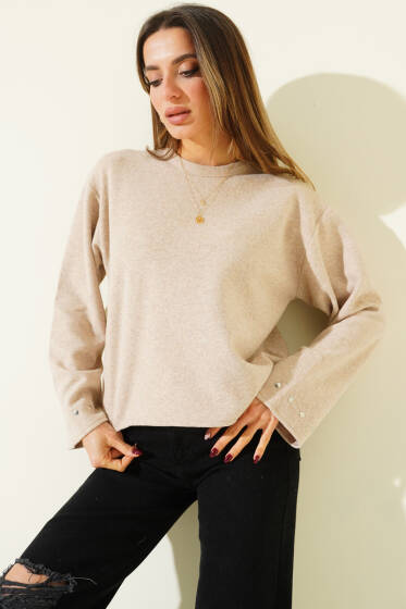 Bilek Zımbalı Bluz Bej - Kadın Giyim Modelleri