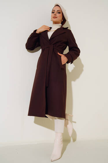 Bilekleri Düğmeli Kaşe Kaban Kahve - Kaban