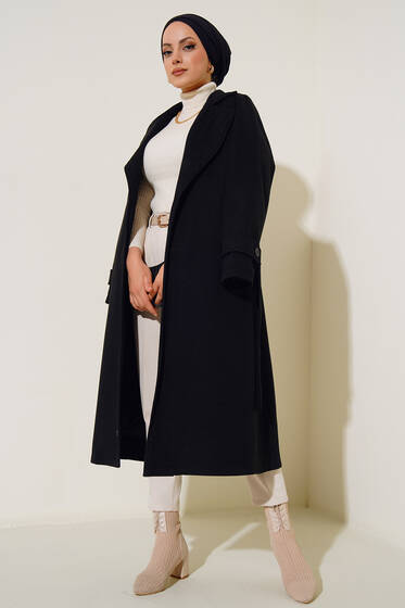 Bilekleri Düğmeli Kaşe Kaban Siyah - Kaban