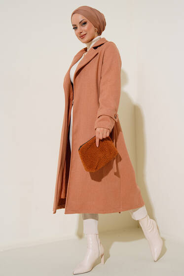 Bilekleri Düğmeli Kaşe Kaban Soğan Kabuğu - Kaban